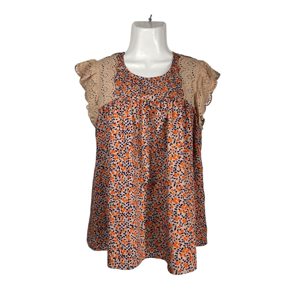Staccato Women L Top Orange Navy Floral Eyelet Sleeve Peasant Babydoll Cottage